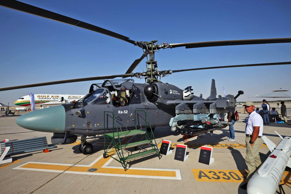 A Russian Kamov Ka-52 helicopter on the tarmac at the 2021 Dubai Airshow in the Gulf emirate. Photo: AFP