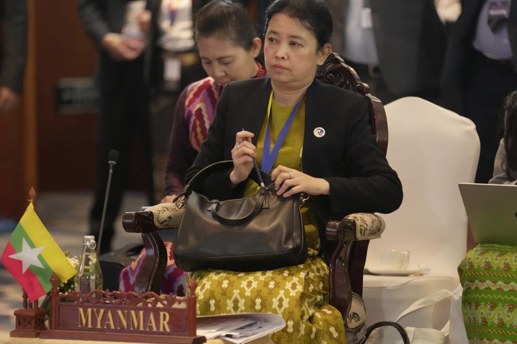 Myanmar’s Asean Permanent Secretary Marlar Than Htike attends the bloc’s foreign ministers meeting in Laos on Monday. Photo: AP