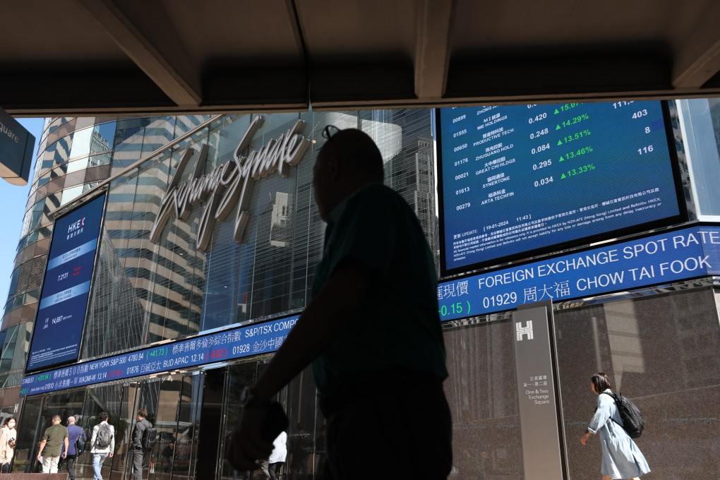 Stock indices and prices outside the Exchange Square in Central, Hong Kong on January 19, 2024. Photo: Xiaomei Chen