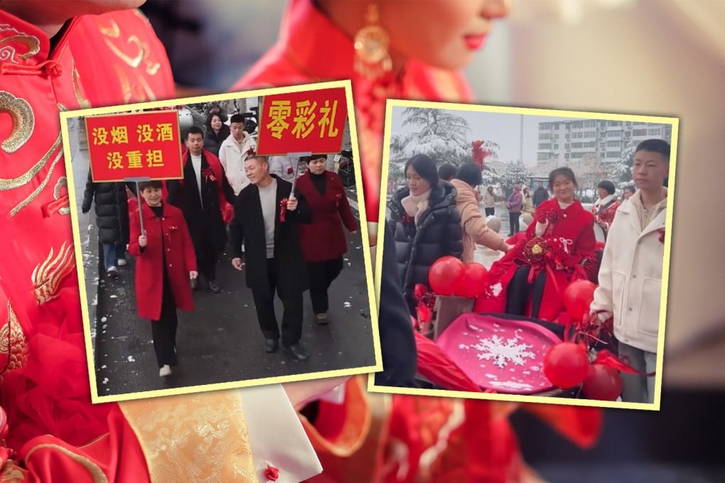 A newly-wed couple in China, and both their families, shunned tradition and held their nuptials without the payment of the customary “bride price”, in a move that has divided opinion on mainland social media. Photo: SCMP composite/Shutterstock/Baidu