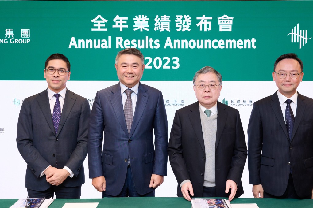 (L-R)Vice Chair of Hang Lung Group & Hang Lung Properties, Mr. Adriel Chan; Chief Executive Officer of Hang Lung Group & Hang Lung Properties, Mr. Weber Lo; Chair of Hang Lung Group & Hang Lung Properties, Mr. Ronnie C. Chan; Chief Financial Officer of Hang Lung Group & Hang Lung Properties, Mr. Kenneth Chiu; pose for a picture at the 2023 Annual Results.
