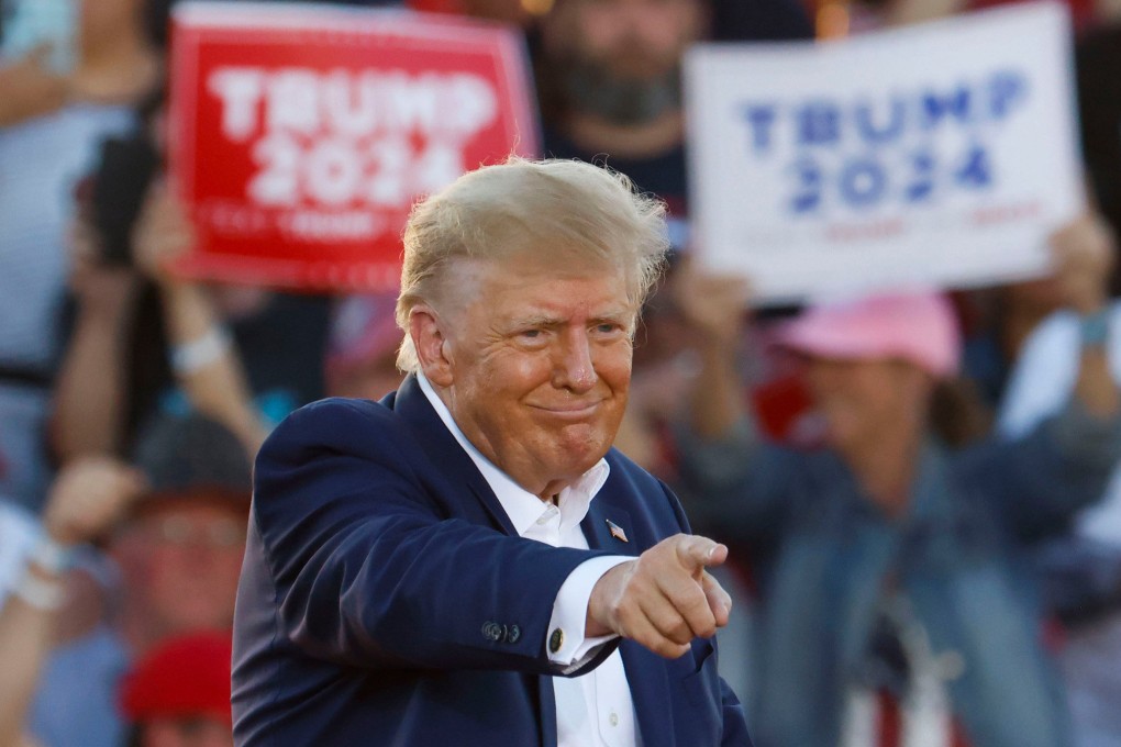 Former US president Donald Trump points into the crowd during a campaign rally in Waco, Texas, in March 2023. Photo: TNS