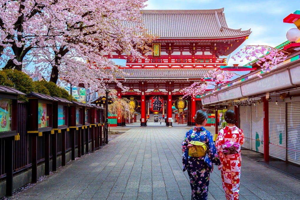 Two geishas wearing traditional Japanese kimono among Sensoji Temple in Asakusa. Japan’s population, already in clear decline, is predicted to contract to 104.69 million in 2050. Photo: Shutterstock