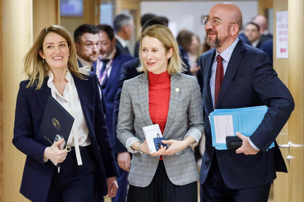 European Parliament President Roberta Metsola (left), Estonia’s Prime Minister Kaja Kallas and European Council President Charles Michel react as they arrive for a European Council meeting to discuss aid to Ukraine. Photo: AFP