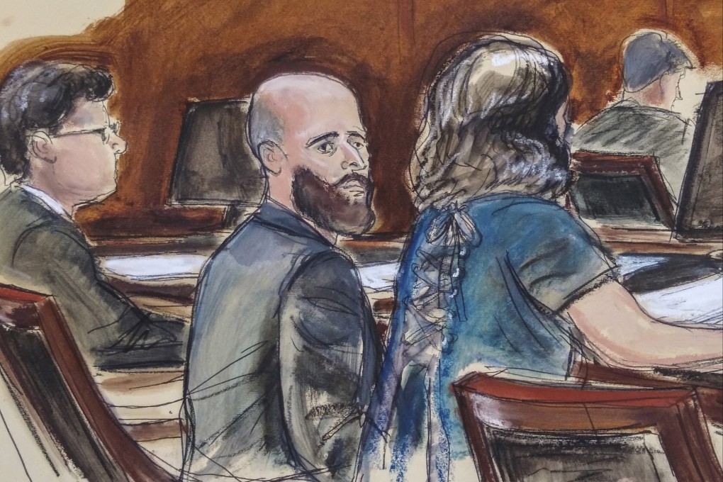Joshua Schulte (centre) is flanked by his lawyers during jury deliberations in New York in March 2020. Courtroom sketch: Elizabeth Williams via AP