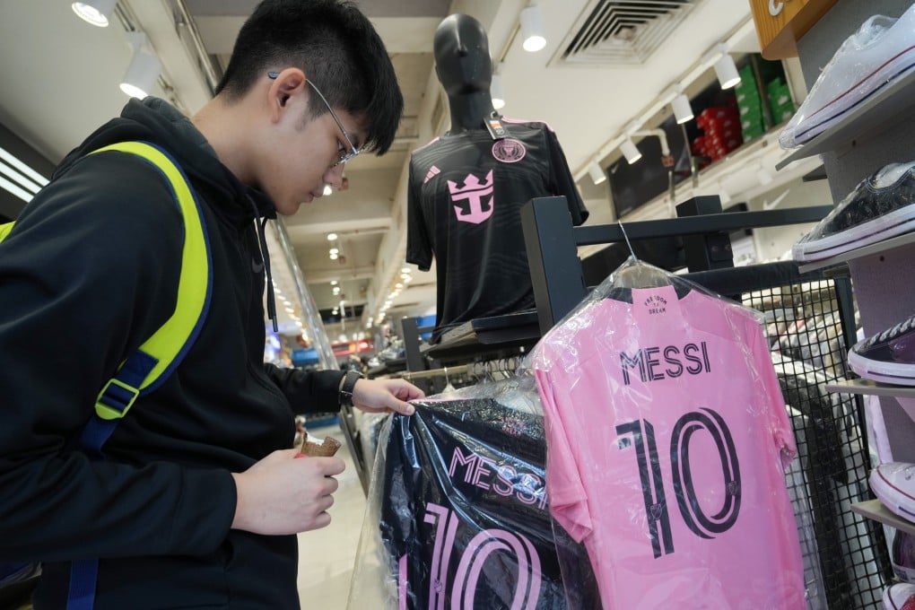 A Lionel Messi jersey for sale in a Mong Kok sports store. Hong Kong is in thrall to a visit from the incomparable Argentinian World Cup winner. Photo: Sam Tsang