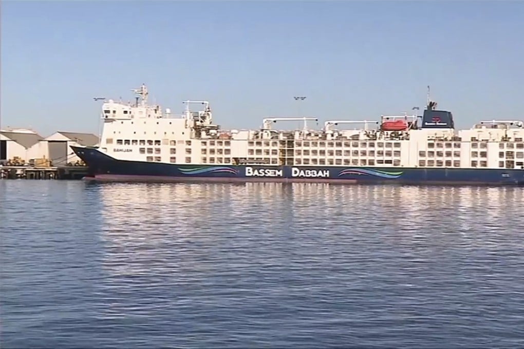 MV Bahijah, with sheep and cattle on board, at a port in Fremantle. Photo: AP