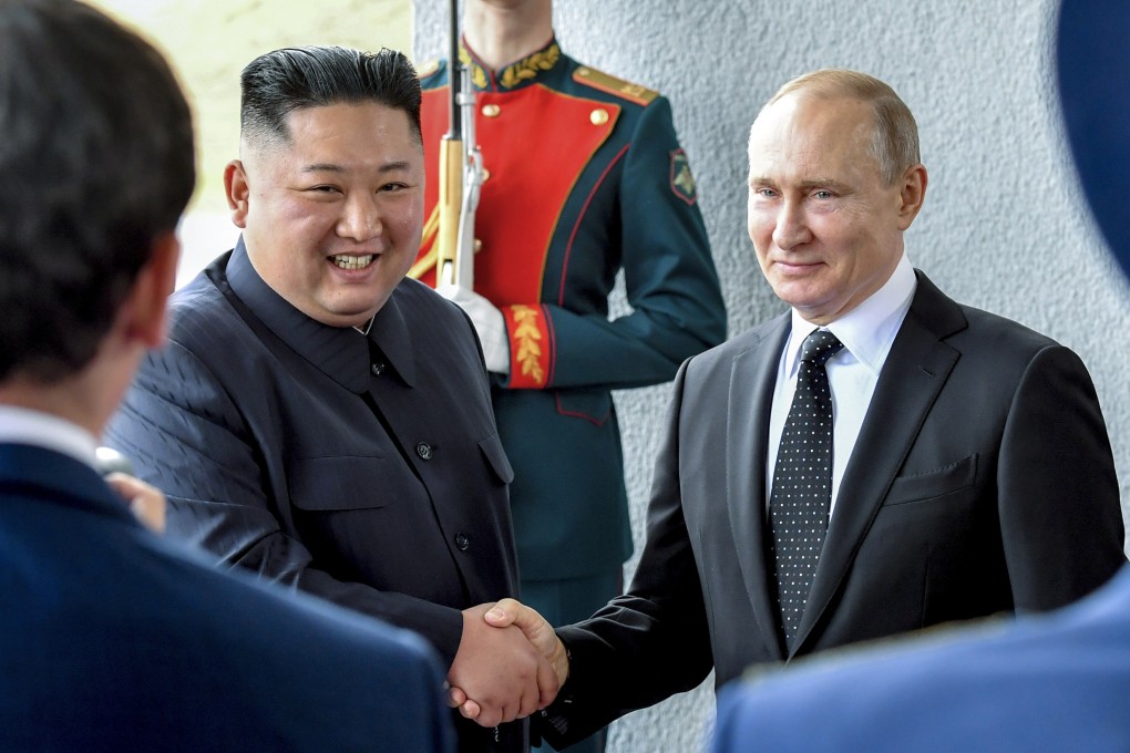Russian President Vladimir Putin (right) and North Korea’s leader Kim Jong-un shake hands in Vladivostok on April 25, 2019. File photo: AP