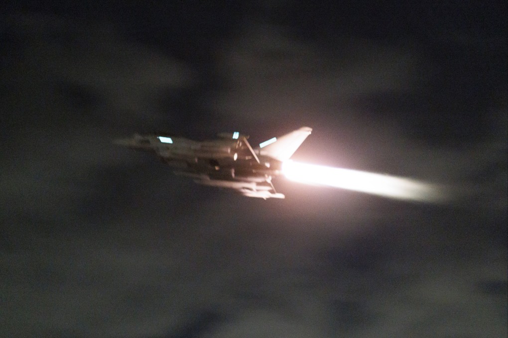 A Typhoon aircraft takes off from an RAF base in Cyprus to conduct further strikes against Houthi military targets in Yemen on Saturday. Photo: UK Ministry of Defence via AP