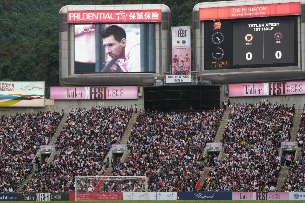 A video screen above the famed South Stand at Hong Kong Stadium shows a picture of Lionel Messi during Inter Miami’s friendly against a city XI on Sunday. Photo: Sam Tsang