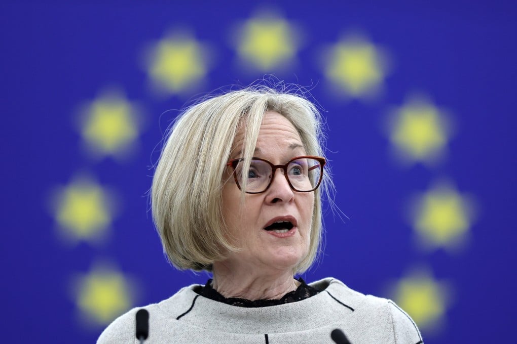 Mairead McGuinness, the European commissioner for financial services, speaks at the European Parliament in Strasbourg, France, on Monday. Photo: EPA-EFE