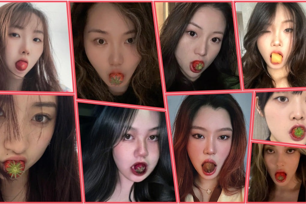 A strange new craze in which youngsters slowly suck the flesh off strawberries then float what is left in a glass of water is sweeping mainland social media. Photo: SCMP composite/Xiaohongshu