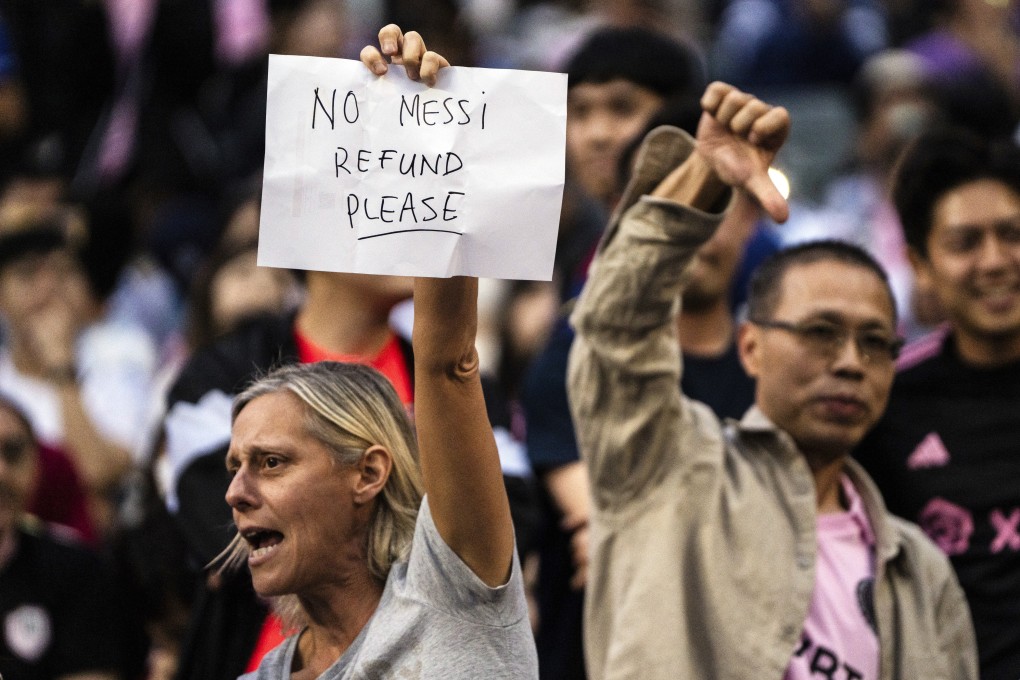 Fans react during the friendly soccer match between the Hong Kong team and US club Inter Miami at Hong Kong Stadium on February 4. Lionel Messi’s non-appearance was a disappointment for the over 38,000 fans at the event. Photo: AP