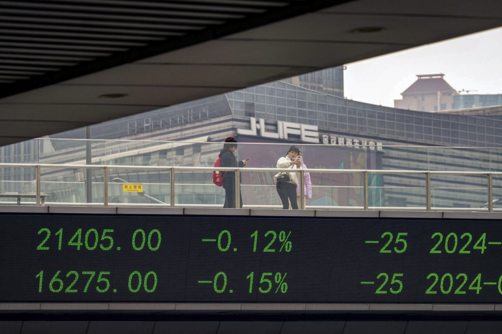 An electronic ticker displays stock figures in Shanghai’s Lujiazui Financial District. China has imposed short selling restrictions in a bid to support the country’s slumping stock markets. Photo: Bloomberg