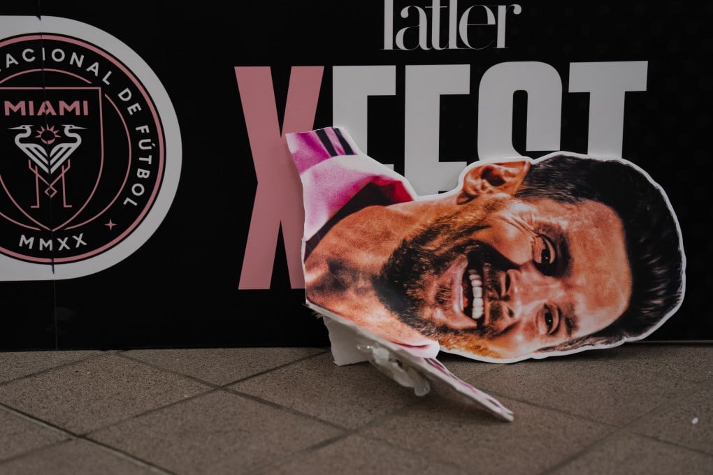 The decapitated head of a paper model of Lionel Messi lies on the floor after an exhibition match between Inter Miami and the Hong Kong Team at the Hong Kong Stadium on February 4, 2024. Messi’s non-appearance because of injury was a disappointment for the fans who had paid thousands of Hong Kong dollars to see him. Photo: AP
