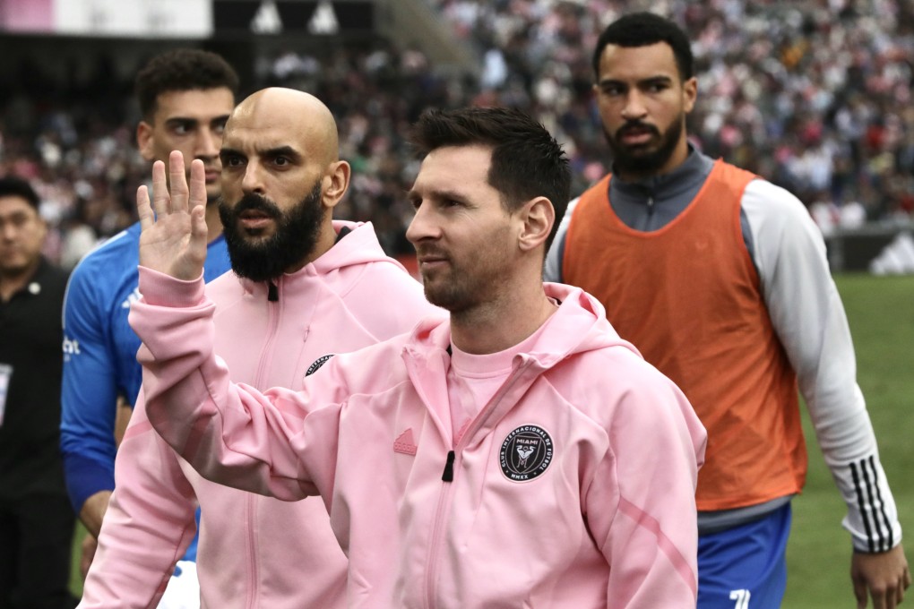 Lionel Messi waves at fans before the friendly soccer match between Inter Miami and the Hong Kong team at Hong Kong Stadium on February 4. Photo: Zuma Press Wire/DPA