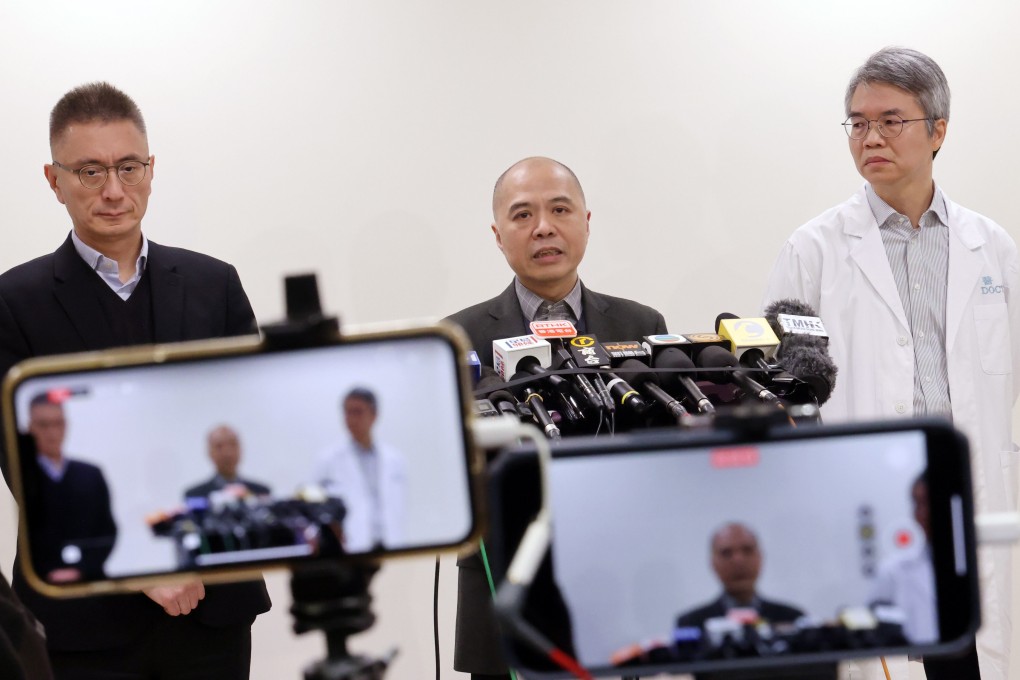 Dr Tang Kam-shing (centre) explains the incident at Kwong Wah Hospital. Photo: Jelly Tse