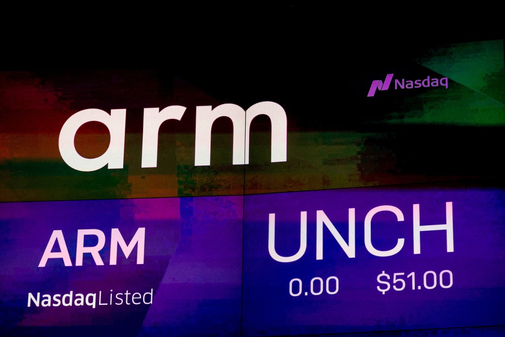 A screen displays the logo of chip design firm Arm during the company’s initial public offering in New York, September 14, 2023. Photo: Reuters