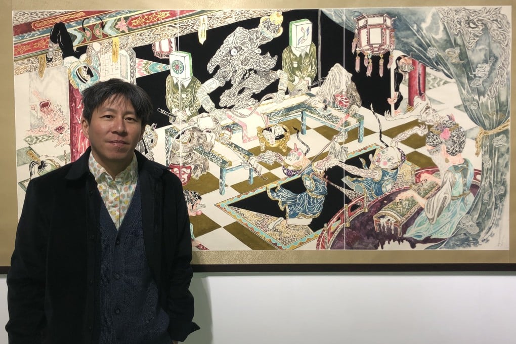 Hong Kong-born, Canada-based artist Howie Tsui stands in front of “The Banquet” (2023), part of his solo exhibition at Hanart TZ Gallery in Kwai Chung, Hong Kong. Tsui says his practice is inspired by the likes of Jin Yong’s wuxia martial arts novels. Photo: Enid Tsui