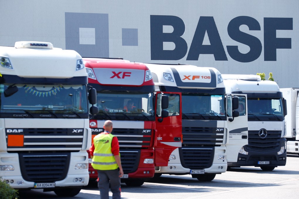 Trucks line the front of a warehouse of German chemical company BASF in Ludwigshafen. Photo: Reuters