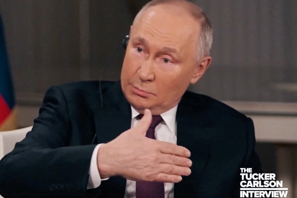 Russian President Vladimir Putin during the  interview. Photo: Tucker Carlson Network via Reuters