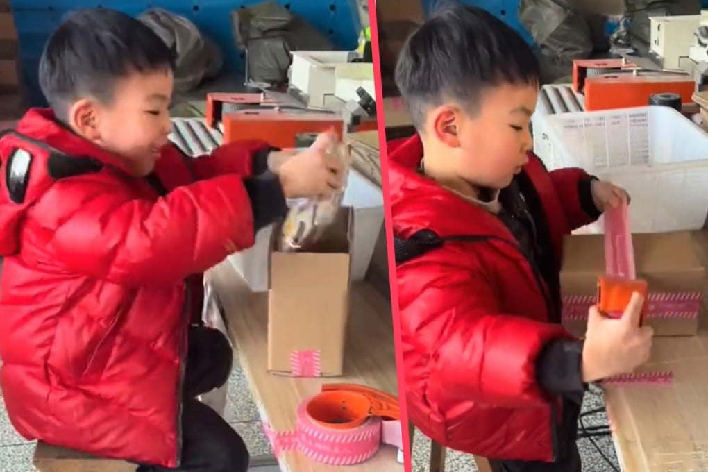 A six-year-old boy in China has wowed mainland social media with his box-packing skills, which he uses to help out at his family’s e-commerce firm. Photo: SCMP composite/Weibo