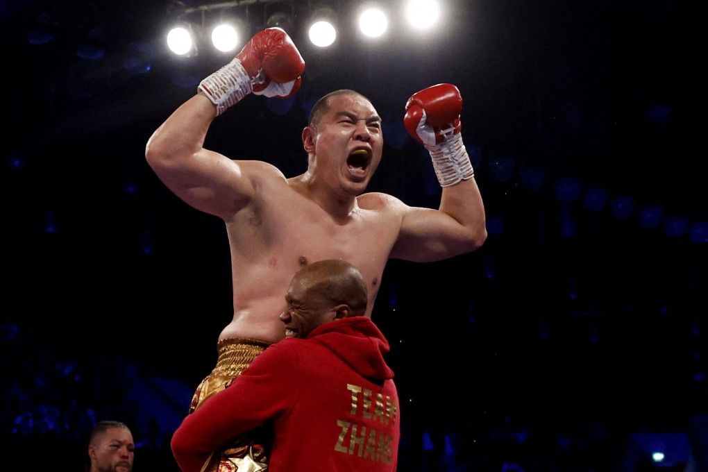 Zhang Zhilei celebrates beating Joe Joyce at the  Copper Box Arena in London on April 15, 2023. Photo: Reuters