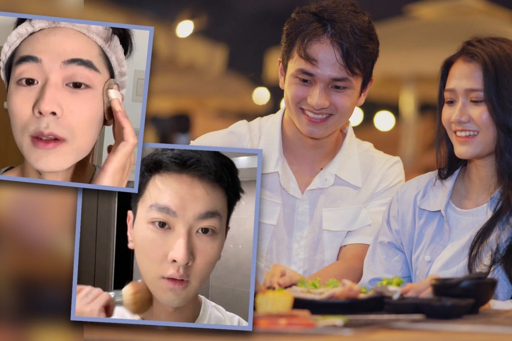 Young men in China are turning to cosmetics to boost their chances of finding love during the hectic and competitive Lunar New Year dating period. Photo: SCMP composite/Shutterstock/Xiaohongshu