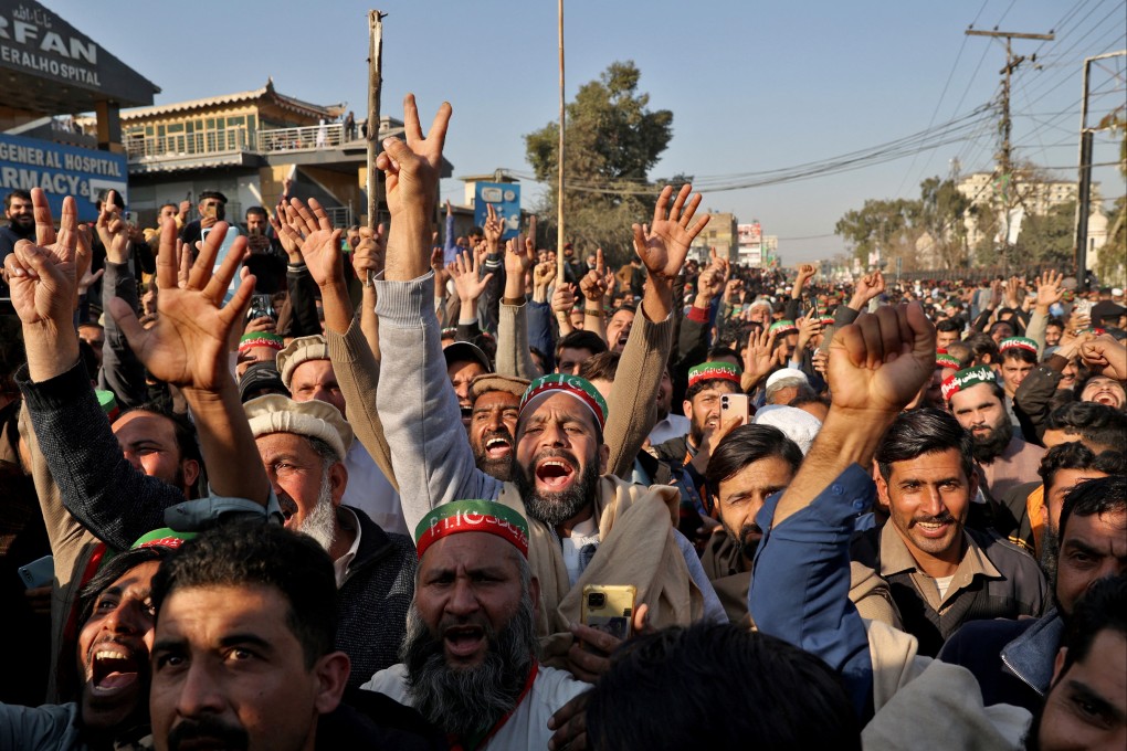 Supporters of Pakistan’s former Prime Minister Imran Khan’s party, the Pakistan Tehreek-e-Insaf (PTI), shout slogans in Peshawar on Saturday. Photo: Reuters