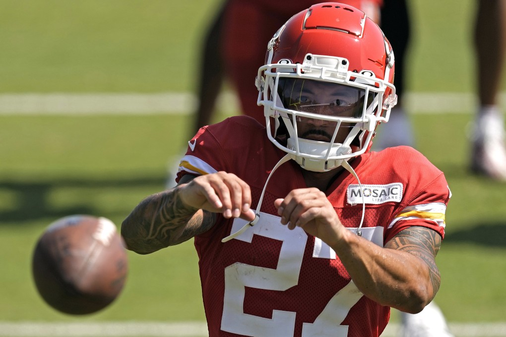 Kansas City Chiefs wide receiver Nikko Remigio catches a ball after NFL football training camp. Photo: AP
