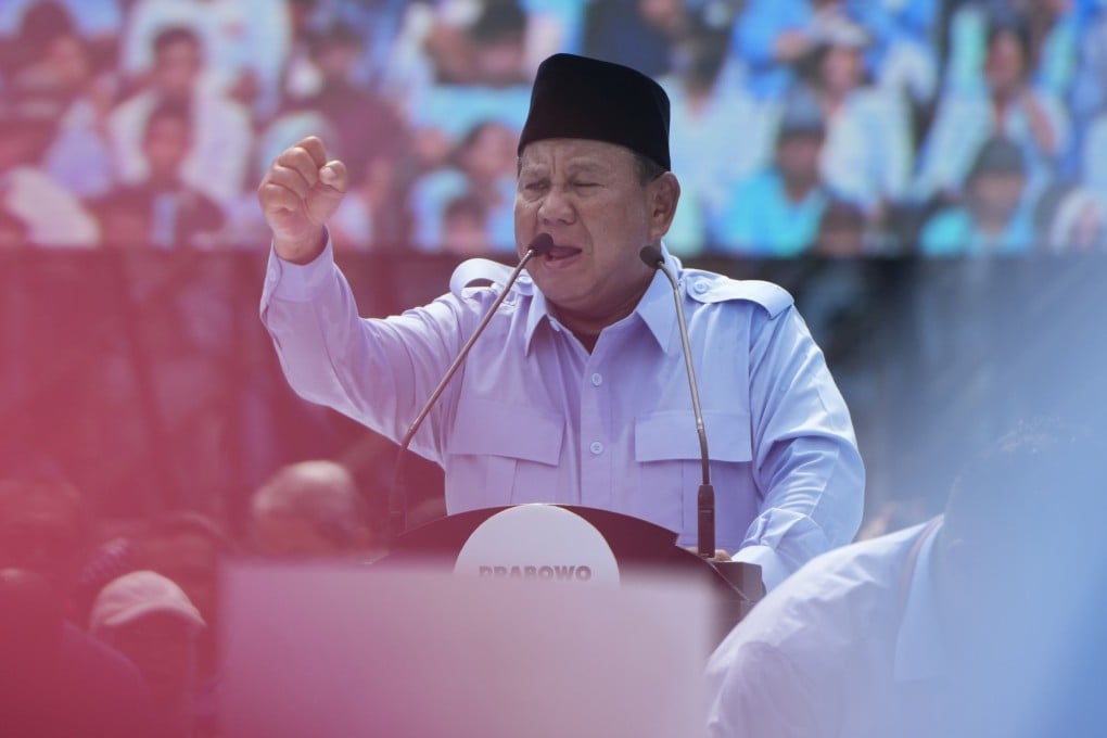 Presidential candidate Prabowo Subianto gestures as he speaks during his final campaign rally at Gelora Bung Karno Main Stadium in Jakarta on Saturday. Photo: AP