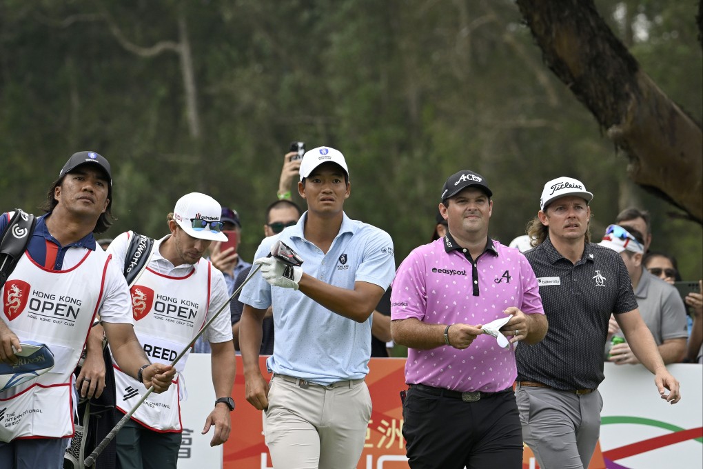 Taichi Kho (centre), Patrick Reed and Cameron Smith  walk off the 18th tee together during the first round of the 2023 Hong Kong Open. Photo: Asian Tour.