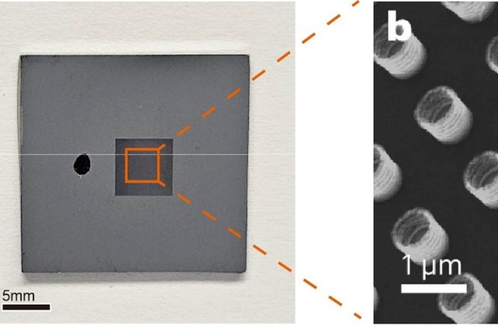 The metallic glass nanotubes fabricated on silicon (left) and a scanning electron microscopy image of the nanotubes. Photo: Yang Yong/CityU team