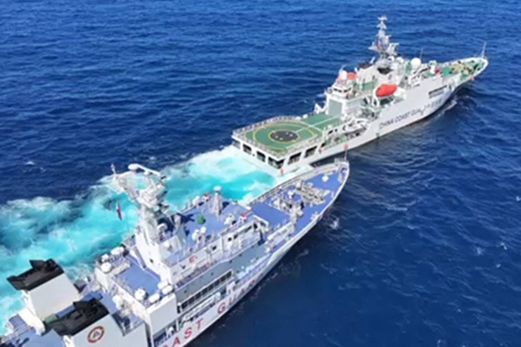 A Chinese vessel is seen sailing in front of a Philippine coastguard ship near Scarborough Shoal in this screen grab from a handout video released by the Philippines’ coastguard on Sunday. Photo: Philippine Coast Guard/Handout via AFP