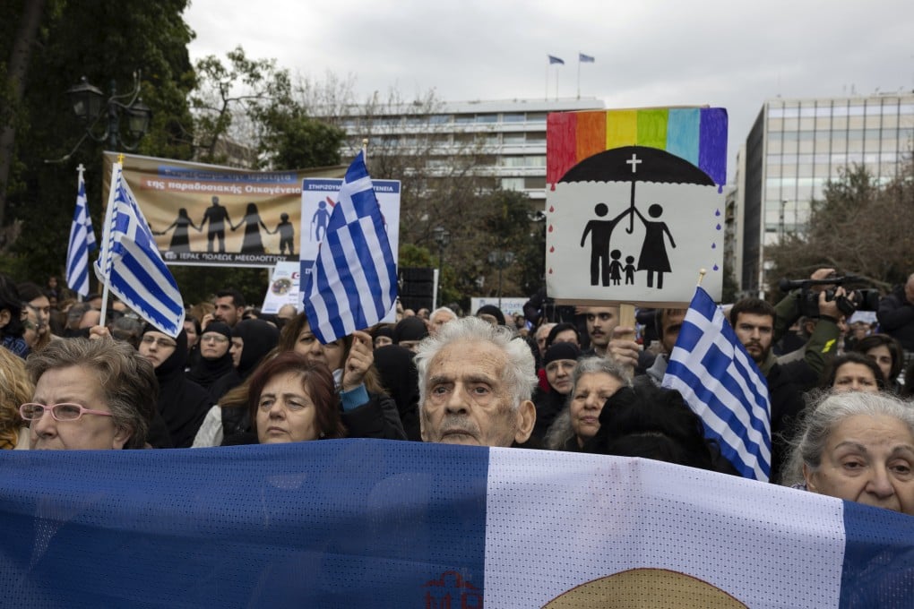Protesters take part in a rally in Athens against same-sex marriage. The issue is a strong taboo for a large part of Greek society – and for the powerful Orthodox Church of Greece. Photo: AP