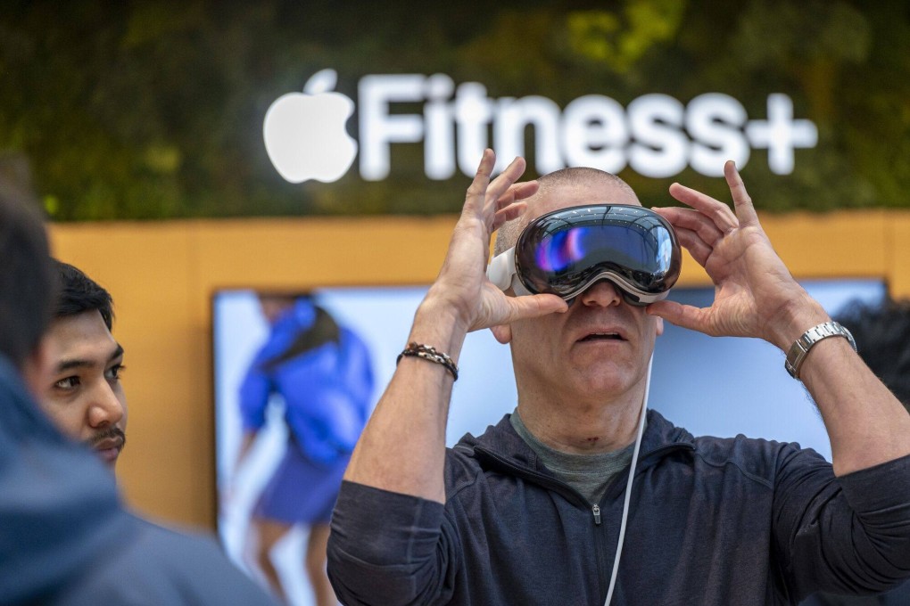 A customer with an Apple Vision Pro mixed reality  headset at the company’s store in Palo Alto, California, US. The new headset is being tested in a number of areas of health care, and shows great potential for monitoring patients and sharing information. Photo: Bloomberg