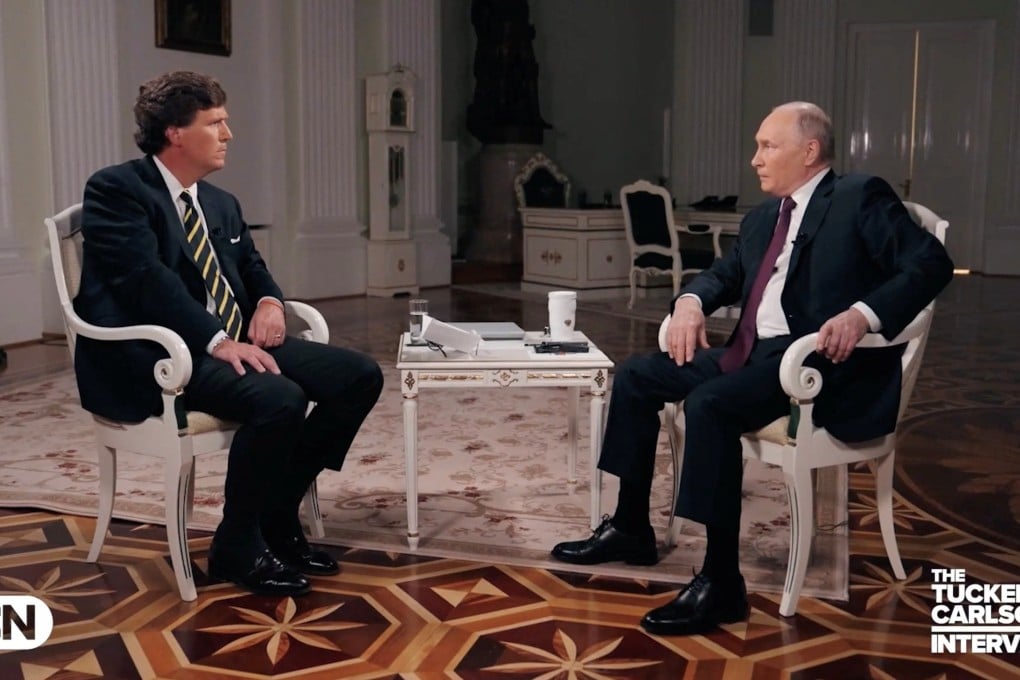 Russian President Vladimir Putin speaks during an interview with US television host Tucker Carlson in Moscow on February 6, in this still image taken from video released February 8. Photo: Tucker Carlson Network/Handout