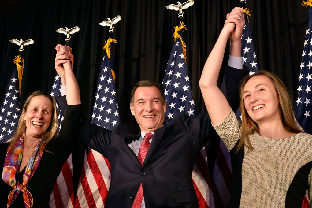 Congressman-elect Tom Suozzi celebrating victory on Tuesday. Photo: EPA-EFE