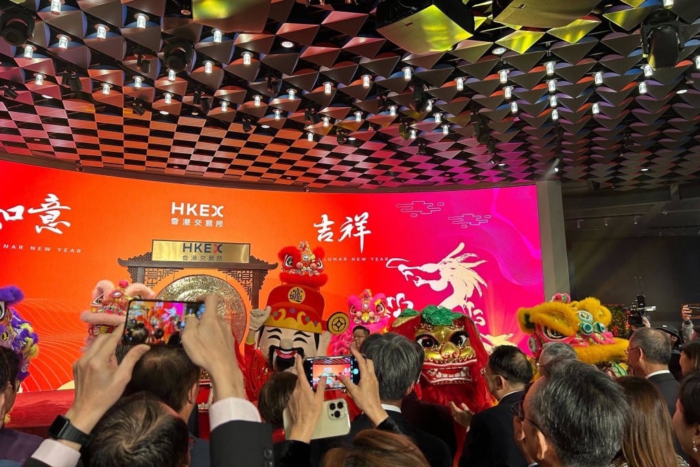 Financial executives at the Hoing Kong stock exchange to welcome the first day of trading in the Year of the Dragon on February 14, 2024. Photo: Mia Castagnone