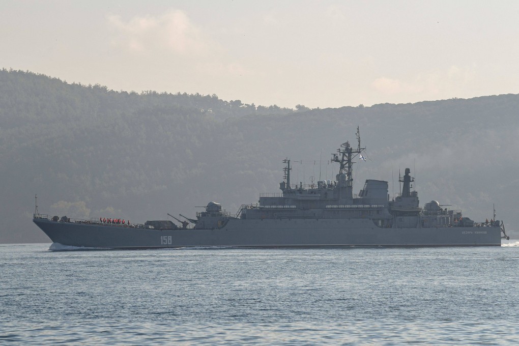 Russian warship BSF Tsezar Kunikov 158 sails through the Bosphorus Strait off the coast of the city of Istanbul. Ukraine on Wednesday said it destroyed another Russian warship in the Black Sea. Photo: AFP