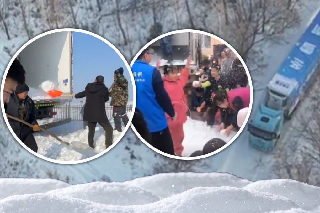 A trucking company in China drove a massive load of snow more than 3,000 kilometres,from the north of the country to the south so that children with special needs could enjoy some wintery fun. Photo: SCMP composite/Douyin