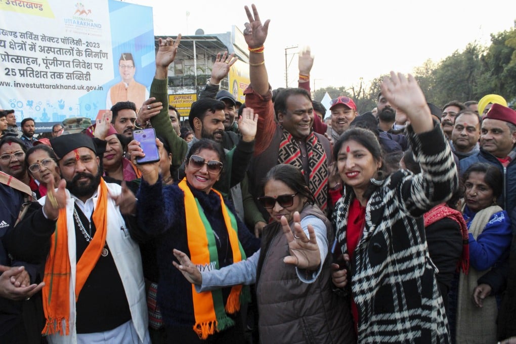 Bharatiya Janata Party supporters celebrate after Uttarakhand state lawmakers passed a uniform marriage law for all religions in Dehradun, India, on February 7. Photo: AP