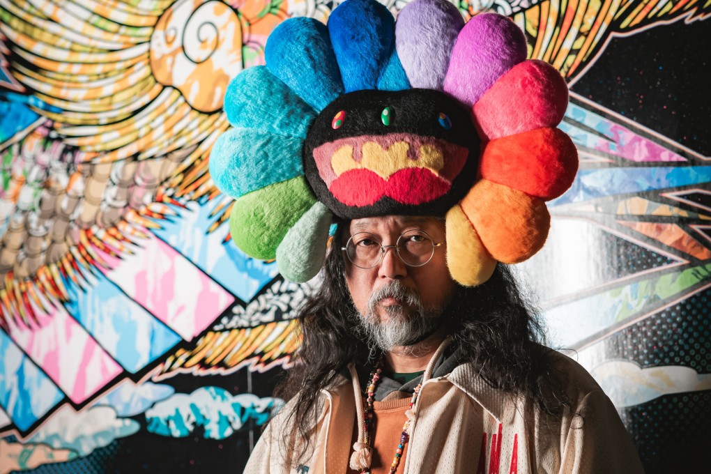 Japanese contemporary artist Takashi Murakami in front of a mural at his new exhibition, “Takashi Murakami Mononoke Kyoto”, in Kyoto, Japan. Photo: Kyoto City Kyocera Museum of Art