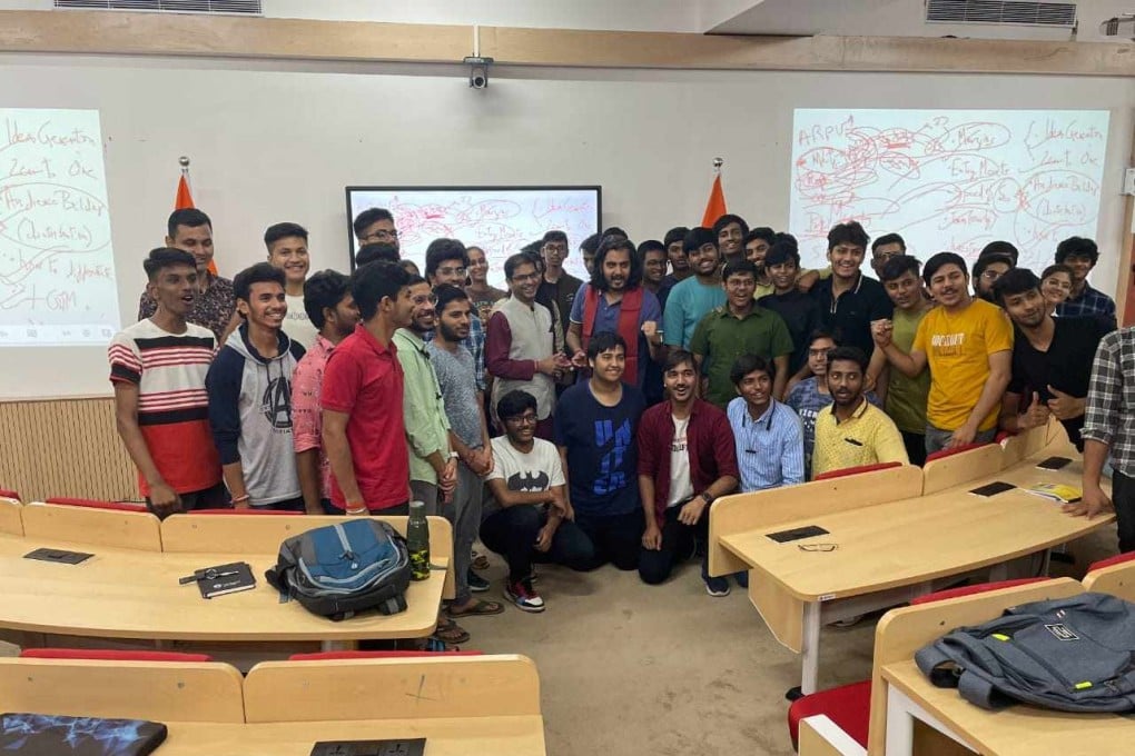A group of students at Rishihood University in the Indian city of Sonipat discussed with Leverage.biz founder Akshay Chaturvedi about overseas education on October 10, 2023. Photo: Handout