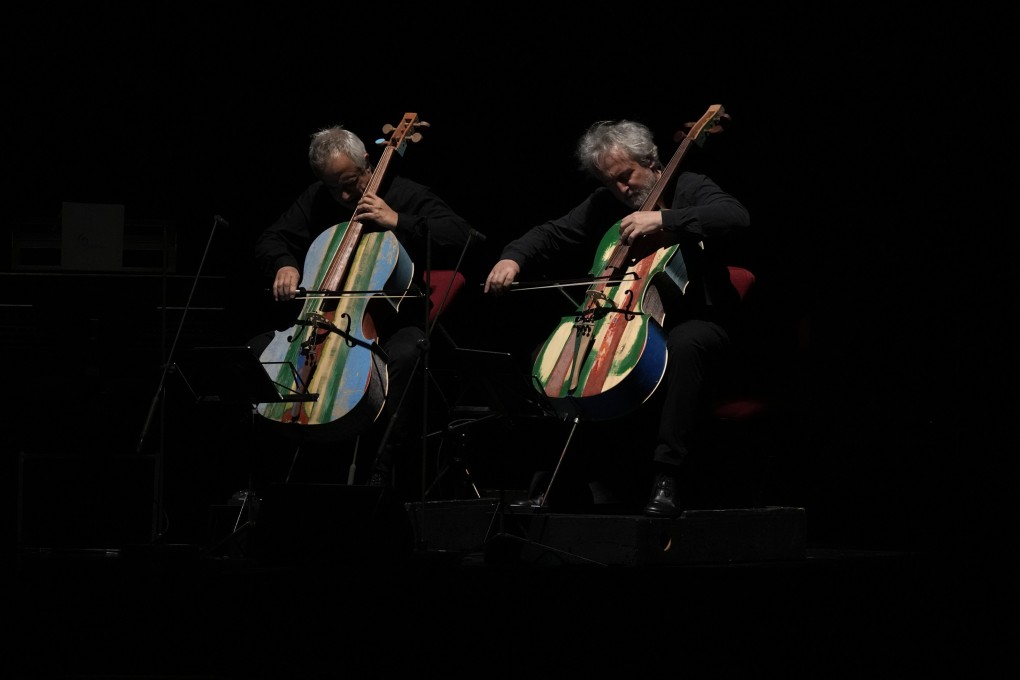 Members of the Orchestra of the Sea play cellos at the La Scala theatre in Milan, Italy made from the wood of wrecked migrants’ boats in a rehearsal ahead of its debut there. Their instruments, along with violins and violas, are made by inmates of Milan’s maximum security prison Opera trained as luthiers. Photo: AP