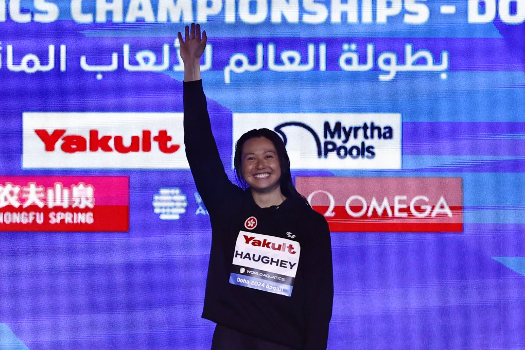 Gold medallist Siobhan Haughey stands on top of the Doha podium. Photo: Reuters