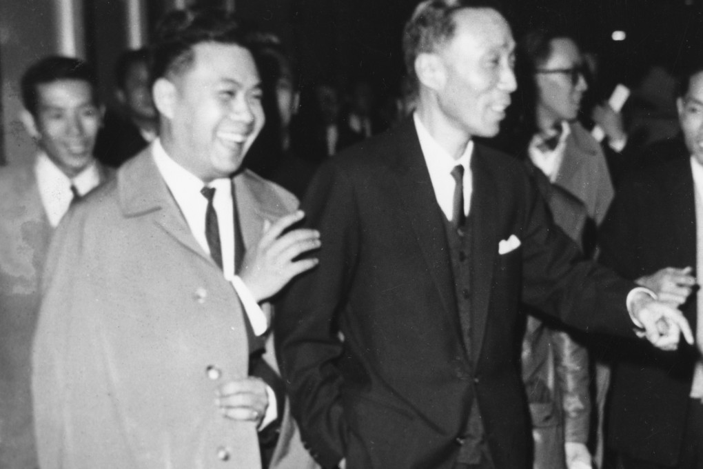 Vee Ming Shaw (left), with his father Run Run Shaw, being interviewed by reporters at Kai Tak Airport in Hong Kong. On February 6, 1964, Vee Meng Shaw was kidnapped in Singapore and held for nearly 12 days. Photo: Wah Kiu Yat Pao
