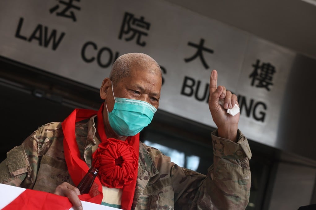 Koo Sze-yiu outside Eastern Court in 2021. The veteran activist, who is suffering from rectal cancer, has been detained since his arrest on December 8 last year. Photo: K. Y. Chen