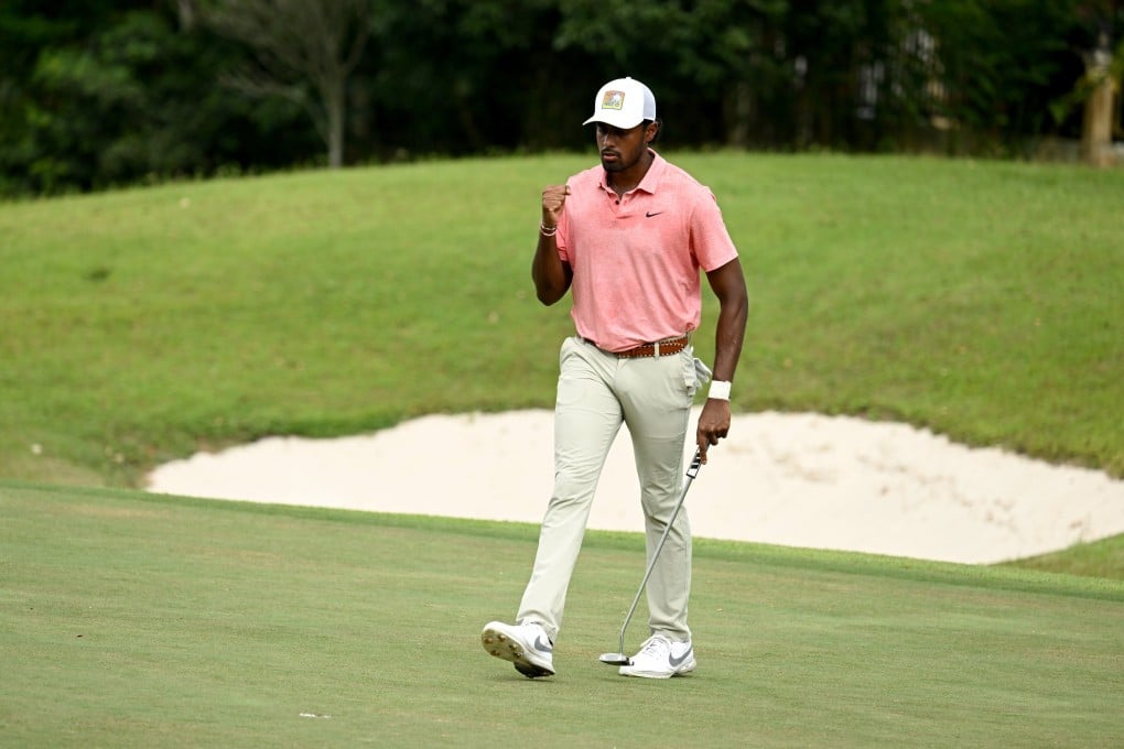 Khavish Varadan celebrates one of his six birdies in the second round of the IRS Prima Malaysian Open. Photo: Asian Tour.