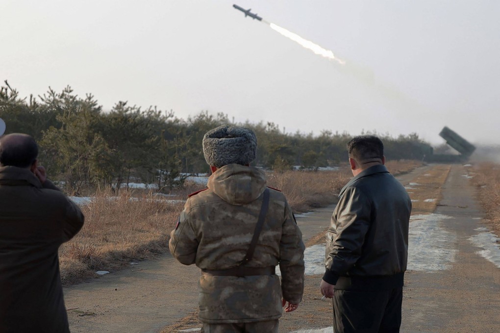 Kim Jong-un looks on during the test-fiiring of a new-type of surface-to-sea missile at an undisclosed location in North Korea on Wednesday. Photo: KCNA via KNS/AFP